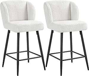 Yaheetech Bar Stools Set of 2 Boucle Fabric Counter Height Bar Stools Upholstered Modern Barstools Armless Kitchen Island Stools with Black Metal Legs for Pub Club Kitchen, White