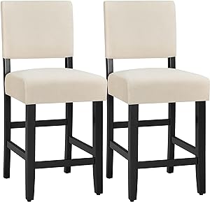 Yaheetech Upholstered Back Counter Height Barstool 25inches Fabric with Solid Wood Legs and Upholstered Back Set of 2, Beige