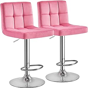 Yaheetech X-Large Bar Stools Modern Adjustable Kitchen Island Chairs Adjustable Counter Height Swivel Stool Armless Chairs with Bigger Base, Set of 2, Velvet, Pink