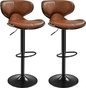 Yaheetech Vintage Bar Stool Counter Height Bar Stools Swivel Height Adjustable Barstools with Back and Hot-Stamping Cloth Seat for Kitchen Counter, Set of 2, Retro Brown