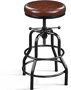 Yaheetech Industrial Bar Stool Vintage Counter Height Stool with Round Faux Leather Seat Metal Stool Adjustable Kitchen Stool 21.5-28 Inch Tall Brown, 1PCS