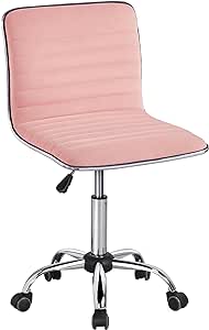 Yaheetech Velvet Desk Chairs, Armless Office Chairs with Wheels, Low Back Ribbed Task Chair Adjustable Height, Apricot Pink