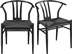 Yaheetech Weave Chair Mid-Century Modern Dining Chair Rattan Chair Metal Dining Chair Armchairs Hemp Seat Chair Accent Chair for Kitchen, Dining, Living Room Side Chairs Set of 2, Full Black