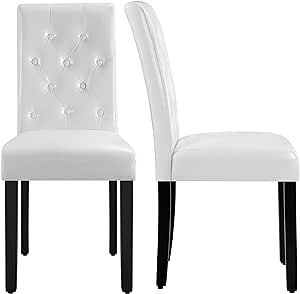 Yaheetech Dining Chairs Kitchen Chair Living Room Chair Restaurant Chair Tufted Leather Chair with Padded Seat and Wood Legs, Set of 2, White