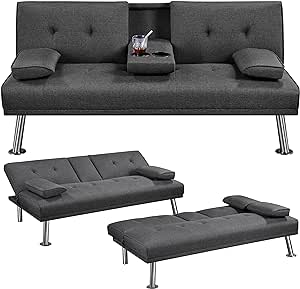 Yaheetech Linen Fabric Modern Sofa Bed Sectional Couch Bed Folding Recliner Sleeper Reversible Loveseat Convertible Daybed, 2 Cup Holders, 3 Angles, 772lb Capacity, Removable Armrests, Dark Gray