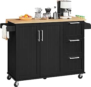 Yaheetech Kitchen Island Cart with Drop-Leaf Countertop, Rolling Kitchen Island Breakfast Bar Table on Wheels with Storage Cabinet & 3 Drawers & Spice Rack for Dinning Room, 53 Inch Width, Black