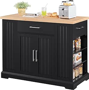 Yaheetech Kitchen Island on Hidden Wheels, Rolling Kitchen Cart with Thicker Rubberwood Top & 3 Drawers & Open Shelves, Storage Cabinet with Adjustable Shelves for Dining Room, 46L  22W, Black