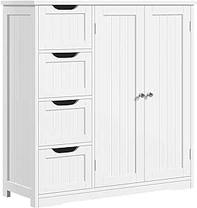 Yaheetech Wooden Bathroom Floor Cabinet, Side Storage Organizer Cabinet with 4 Drawers & Double Doors, Freestanding Entryway Storage Unit Console Table, Bathroom Furniture Home Decor, White