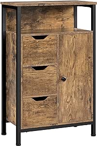 Yaheetech Industrial Bathroom Floor Cabinet, Freestanding Wooden Organizer, Multiple Tiers Storage Cabinet with 3 Drawers, 1 Door & Adjustable Shelf for Living Room, Rustic Brown