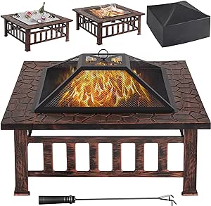 Yaheetech Fire Pit 34in Outdoor Fire Pits Fireplace Heater Stove with Screen, Waterproof Cover & Poker for BBQ Patio Bonfire