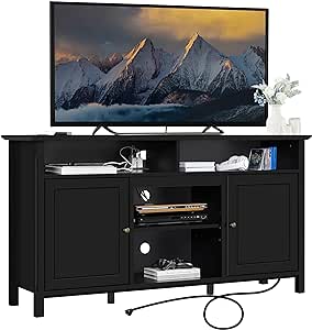 Yaheetech Black TV Stand with Doors for TVs up to 65 in, Modern TV Console with Power Outlet & Storage Shelf, Mid-Century Entertainment Center for Living Room, 31 in Tall