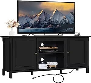 Yaheetech Black TV Stand with Power Outlet for TVs up to 65 in, Modern Media Entertainment Center with Doors & Storage Shelf, Wooden TV Console with 6 Robust Legs for Living Room