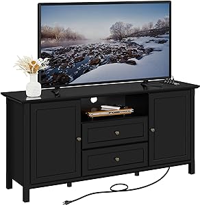 Yaheetech Black TV Stand with Drawers for TVs up to 65 Inch, Media Entertainment Center with Power Outlet & Storage Space, Modern Elegant TV Console for Bedroom & Living Room