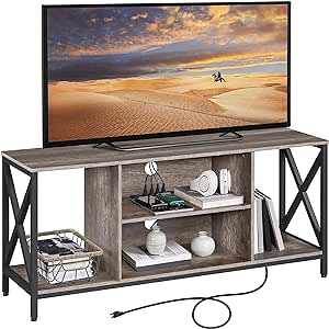 Yaheetech TV Stand for 65 Inch TV, Media Entertainment Center with Power Outlet for Living Room, Industrial TV Console with Side Shelves for PS Storage, Taupe Wood