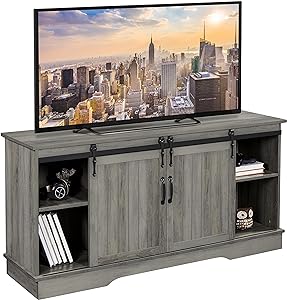 Yaheetech Farmhouse TV Stand wih Storage, 58" Entertainment Center with Sliding Barn Door, Wooden Media TV Console with Height Adjustable Shelves for Living Room, Grey Wash