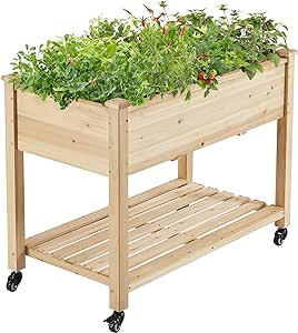 Yaheetech 42x23x33in Wooden Raised Garden Bed with Wheels Horticulture Flower Planter Boxes Elevated Vegetables Growing Bed for Grow Herbs and Vegetables