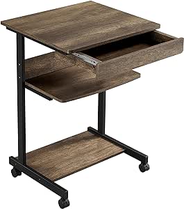 Yaheetech Small Rolling Computer Desk with Storage Drawer, Rolling Home Office Computer Desk with Keyboard Tray, Laptop Desk with Wheels and Drawer, Taupe Wood