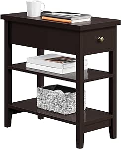 Yaheetech 3-Tier Narrow Side Table with Drawer and Storage Shelves, Small End Table Bedside Cabinet for Living Room Bedroom Small Space Hallway Corner, 24 L  12 W  24.5 H, Espresso