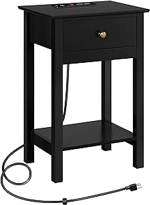 Yaheetech 2-Tier Side Table with Power Outlets and USB Ports, Sofa Side Table with Drawer and Open Shelf, Nightstand End Table with Charging Station for Living Room Bedroom Small Space Black