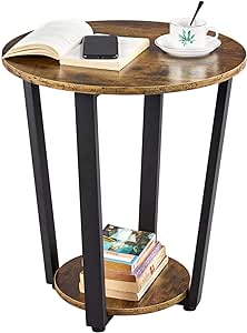 Yaheetech Round End Table for Living Room, Industrial Round Side Table Sofa Couch Table with Storage Shelf, 2 Tier Accent Table with Sturdy Metal Frame, Easy to Assemble, Rustic Brown