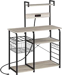 Yaheetech Bakers Rack with Power Outlet, 4-Tier Microwave Stand Cart Coffee Bar with Wire Basket and Wine Storage, Freestanding Kitchen Organizer Rack with 10 Hooks, Gray