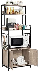 Yaheetech 4-Tier Kitchen Bakers Rack with Storage Cabinet and Hutch, Microwave Oven Stand Coffee Bar Pantry Cabinet with 8 S Hooks, Freestanding Kitchen Shelves Spice Rack, Gray