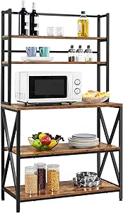 Yaheetech 35.5" Width Kitchen Bakers Rack with Storage, 5-Tier Coffee Bar Station Microwave Stand Shelf, Freestanding Utility Storage Shelf with X Designed Metal Support for Home Bar, Rustic Brown