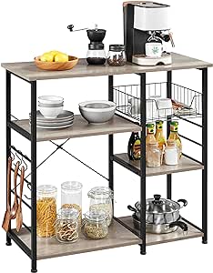 Yaheetech Kitchen Bakers Rack with Wire Basket, Coffee Bar Table Station Microwave Oven Stand Kitchen Utility Storage Shelf with 6 S-Shaped Side Hooks, Metal Frame, 15''D x 35.5''W x 33''H, Gray