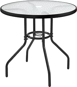 Yaheetech 31.5'' Patio Bistro Table Round Outdoor Coffee Table, Round Tempered Glass Top with 1.73'' Umbrella Hole, Dining Table with Metal Frame for Balcony Backyard Lawn and Garden