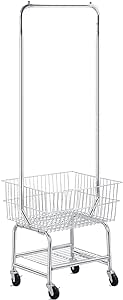 Yaheetech Rolling Laundry Bakset with Wheels, Laundry Cart with Hanging Rack, Metal Laundry Hamper Basket Butler Cart with Wheels and Wire Storage Rack, Silver