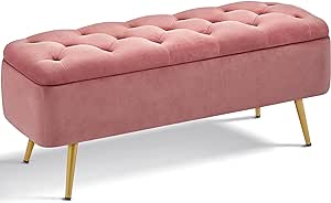 Yaheetech Ottoman 42 Inches Storage Bench with Storage Folding Polyester Boucle Bench Foot Stool Bench Hinged Stool Footstool Bench for Living Room Bedroom Entryway Pink