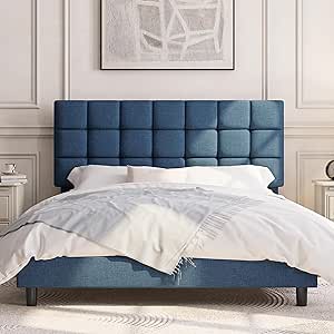 Yaheetech Queen Size Upholstered Platform Bed, Mattress Foundation with Height Adjustable Tufted Headboard and Wood Slat Support, No Box Spring Needed, Easy Assembly, Navy Blue