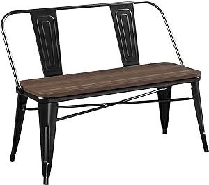 Yaheetech Industrial Metal Bench Mid-Century 3 Person Chair Dining Room Long Farmhouse Bench with Wood Seat,Removable Backrest,Black