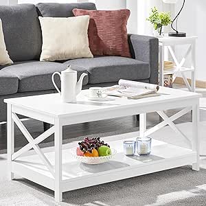 Yaheetech Wood 2-Tier White Coffee Table with Storage Shelf for Living Room, X Design Accent Cocktail Table, Simple Design Home Furniture, 39.5 x 21.5 x 18 Inches