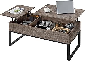 Yaheetech Lift Top Coffee Table with Storage, Industrial Lift up Living Room Table with Metal Frame, Wood Coffee Table for Living Room & Office, Taupe Wood