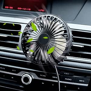 Zuvas Car Fan USB Fan with Night Light, 360° Rotation Clip Fan for Vehicle Air Circulation, 3 Wind Speed Air Conditioner Cooling Fan for Car Truck SUV RV Outdoor, Black