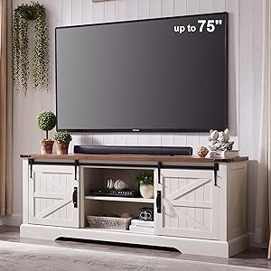 OKD Farmhouse TV Stand for 75 Inch TV with Sliding Barn Door, Rustic Wood Entertainment Center Large Media Console Cabinet Long Television Stands for 70 Inch TVs, Antique White