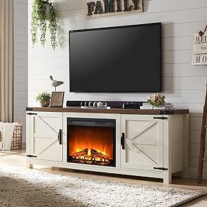 OKD Farmhouse Fireplace TV Stand for 70 75 Inch TV, Rustic Entertainment Center with 23" Electric Fireplace, Barn Door, Adjustable Shelves, Wood Media Console Cabinet for Living Room, Antique White