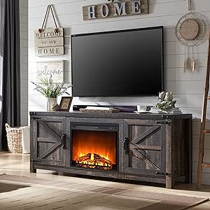 OKD Farmhouse Fireplace TV Stand for 70 75 Inch TV, Rustic Entertainment Center with 23" Electric Fireplace, Barn Door, Adjustable Shelves, Wood Media Console Cabinet for Living Room, Dark Rustic Oak