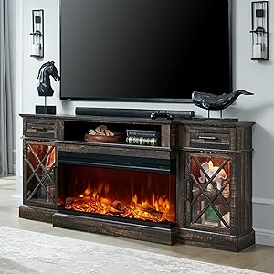 OKD 3-Sided Glass Farmhouse Fireplace TV Stand for TVs up to 80'', Highboy Entertainment Center with Glass Door Storage Cabinet, 70'' Large TV Stands with 36'' Electric Fireplace, Dark Rustic Oak