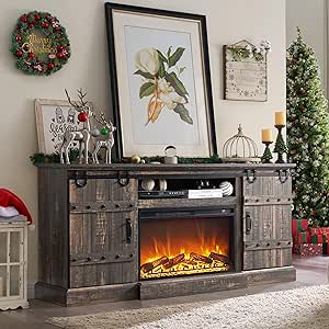 OKD Fireplace TV Stand for 75 80 Inch TV, Farmhouse Entertainment Center with Sliding Barn Doors, Rustic Media Console Table with Storage Cabinets for Living Room, Dark Rustic Oak