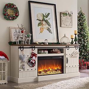 OKD Fireplace TV Stand for 75 80 Inch TV, Farmhouse Entertainment Center with Sliding Barn Doors, Rustic Media Console Table with Storage Cabinets for Living Room, Antique White