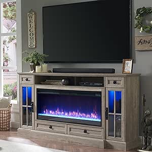 OKD Fireplace TV Stand for 80 Inch TV, Farmhouse Entertainment Center with 42" Fireplace & LED Lights, Modern Media Console Table with Storage Drawers & Cabinets for Living Room, Light Rustic Oak