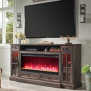 OKD Fireplace TV Stand for 80 Inch TV, Farmhouse Entertainment Center with 42" Fireplace & LED Lights, Modern Media Console Table with Storage Drawers & Cabinets for Living Room, Dark Rustic Oak