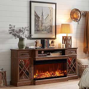 OKD 3-Sided Glass Farmhouse Fireplace TV Stand for TVs up to 80'', Highboy Entertainment Center with Glass Door Storage Cabinet, 70'' Large TV Stands with 36'' Electric Fireplace, Reclaimed Barnwood