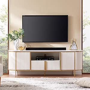 OKD 70" Light Luxury TV Stand for TVs Up to 80 inches, Blister Molding Media Television Console Table with Storage Cabinets, Modern Entertainment Center for Living Room, Curved Design, White