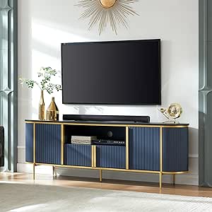 OKD 70" Light Luxury TV Stand for TVs Up to 80 inches, Blister Molding Media Television Console Table with Storage Cabinets, Modern Entertainment Center for Living Room, Curved Design, Dark Blue