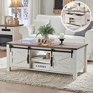 OKD 48" Farmhouse Lift Top Coffee Table with Sliding Barn Door,Rustic Center Table with Hidden Storage Compartment,Lifting Tabletop and Adjustable Shelf for Living Room,Office,Antique White