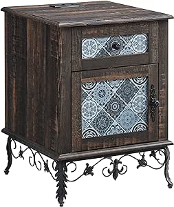 OKD Boho End Table with Charging Station, 18" Sofa Side Table for Living Room Bedroom Office, Night Stand, Ornate Detailing, Gorgeous Scrollwork Wrought Iron Decor, Dark Brown