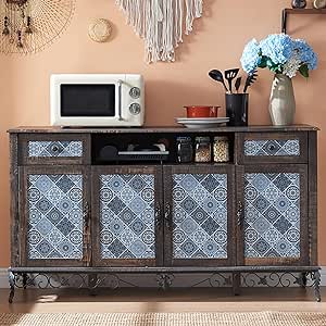 OKD 58-inches Boho Sideboard Buffet Cabinet, Kitchen Storage Cabinet with 2 Drawers and 4 Cabinets, Dining Room, Hallway, Cupboard Console Table, Dark Brown